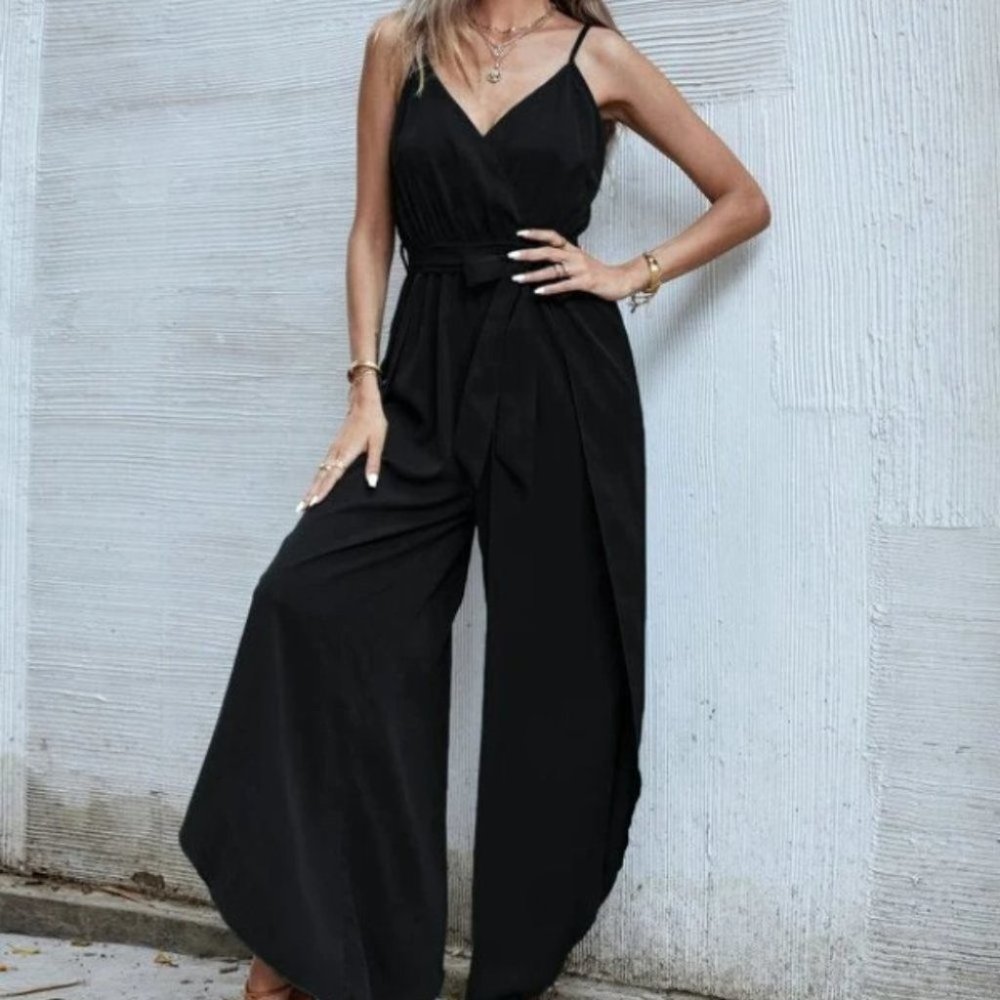 Belted Cami Split Thigh Jumpsuit Black - Picture 6 of 9